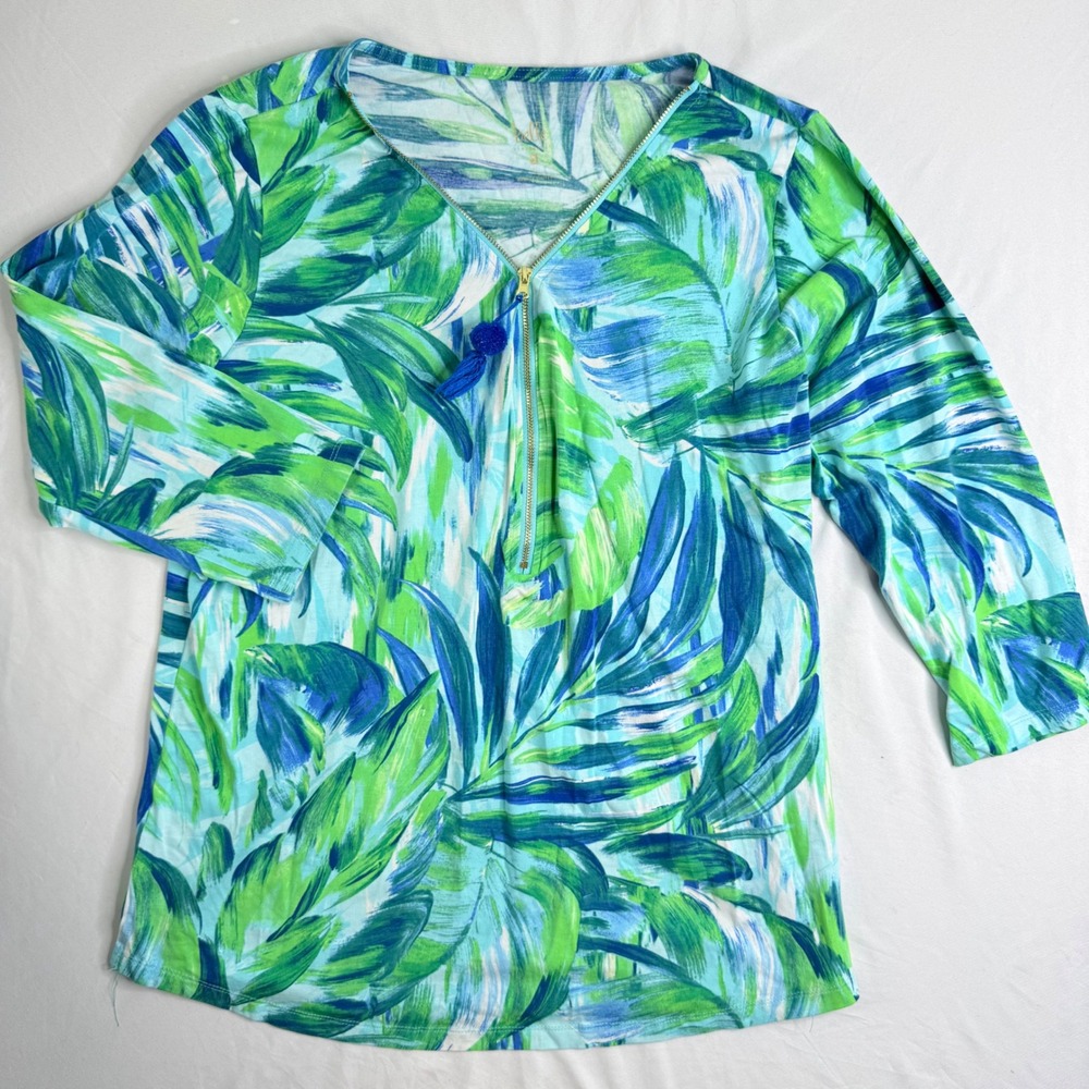 Belle‎ by Kim Gravel Womens Large Tropical Palm Leaf Half Zip Tassel Top Green